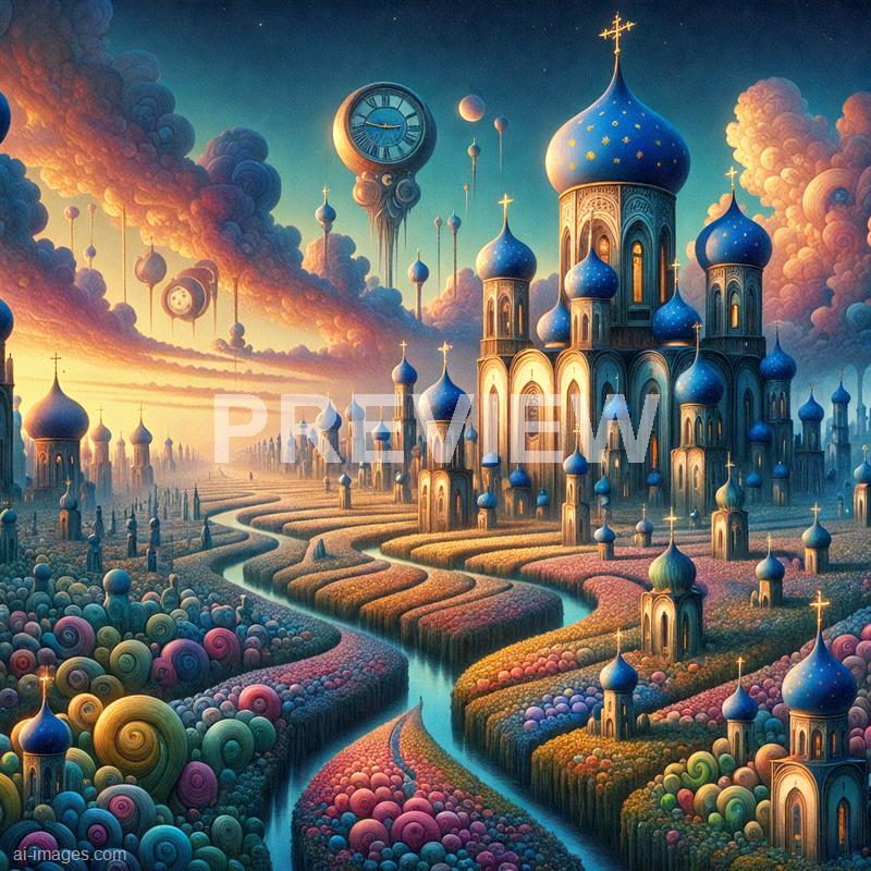 This image depicts a fantastical cityscape with a series of ornate, onion-domed buildings painted in shades of blue and gold, reminiscent of Russian Orthodox architecture. The city is set amidst a vibrant, colorful landscape with winding rivers and lush, patterned fields in pastel hues. Above, the sky is filled with large, fluffy clouds, numerous floating orbs, and a giant clock with a surreal, melting appearance, all set against a twilight sky with stars shining through.